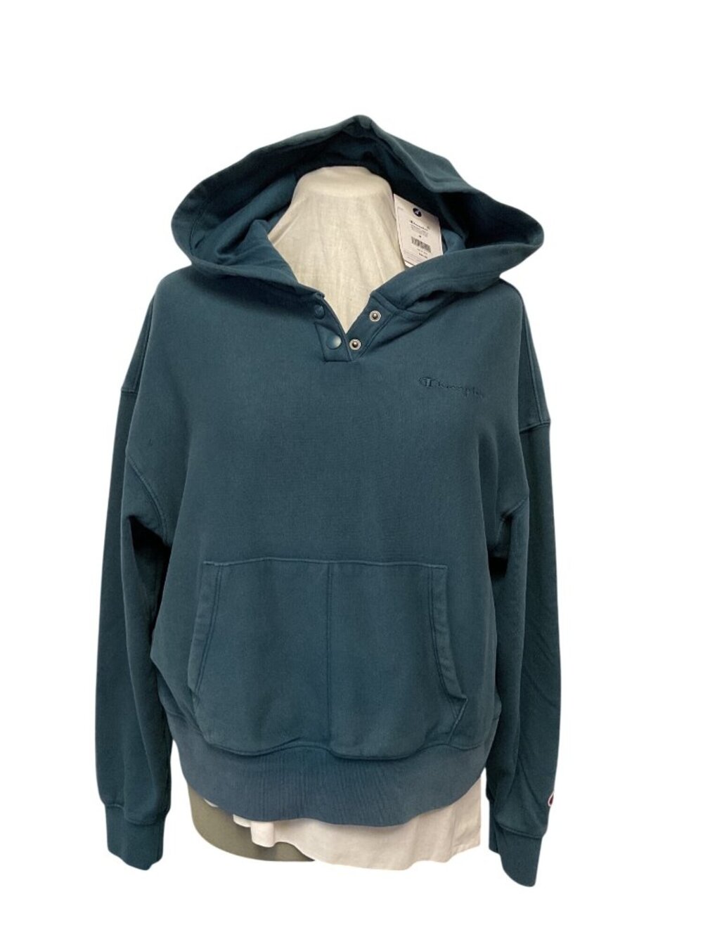 Champion Womens Teal Hoodie Pullover With Buttoned Neckline & Pocket Size M